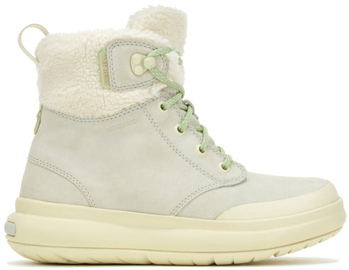 Off-white, high-top boot with furry trim, laces, and chunky sole.