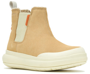 Beige suede Chelsea boot with a thick white sole.