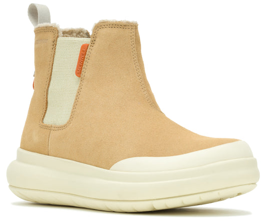 Beige suede Chelsea boot with a thick white sole.