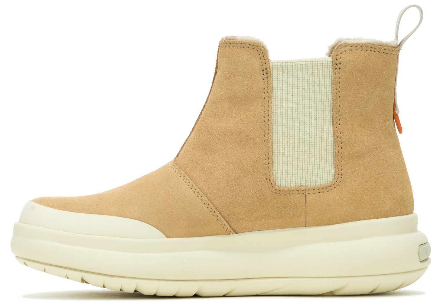 Tan Chelsea boot with a thick, cream-colored sole and elastic side panels.
