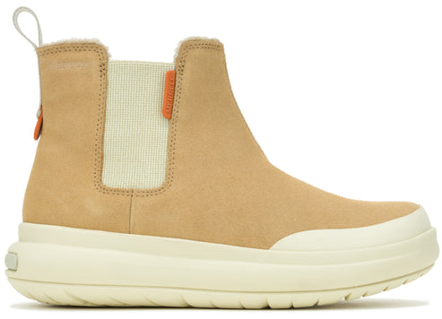 Tan ankle boot with a creamy white platform sole and elastic side panels.