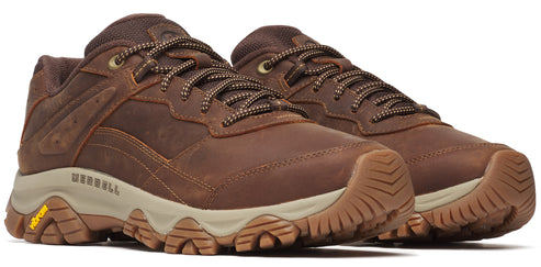 A pair of low-rise brown leather hiking shoes with patterned laces and tan soles.