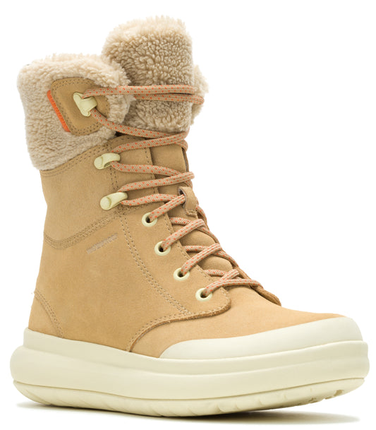 Tan-colored mid-calf boot with faux fur lining, beige laces and white sole.