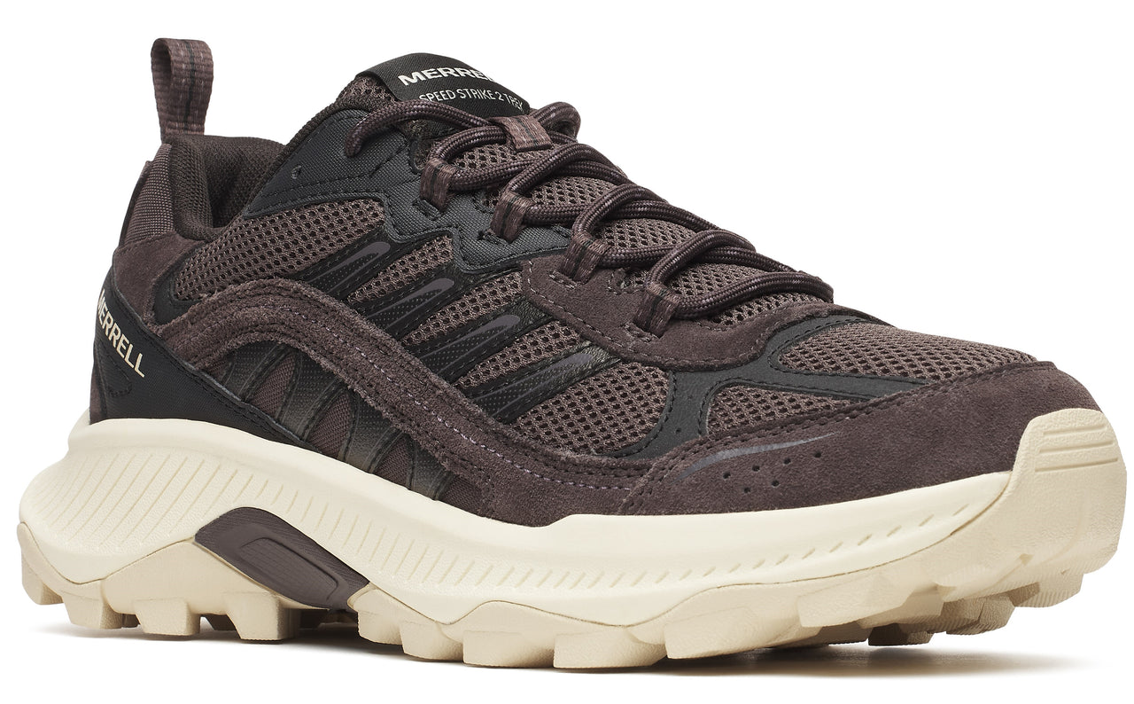 Merrell Speed Strike brown sneaker with black trim and a chunky off-white sole.