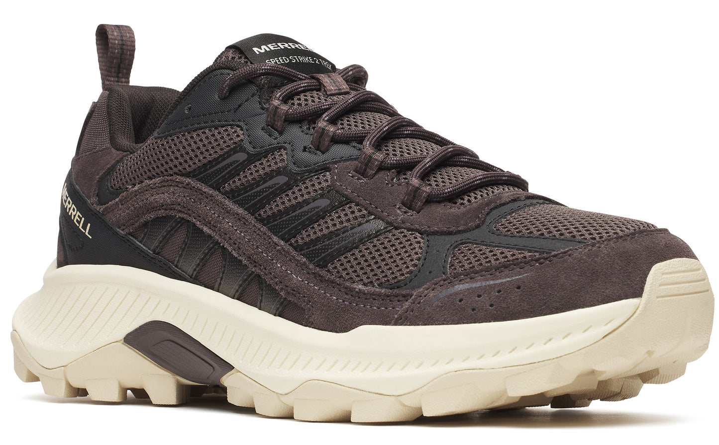 Merrell Speed Strike brown sneaker with black trim and a chunky off-white sole.