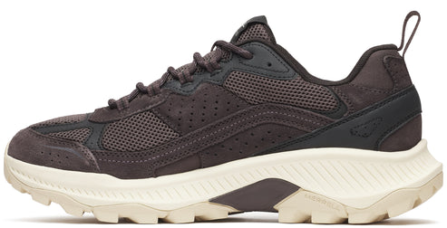 A trail running shoe featuring a brown suede upper with mesh inserts, a thick, sculpted cream-colored midsole, and a lugged tan outsole.