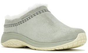 Gray suede clog shoe with faux fur lining and visible MERRELL branding.