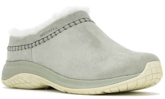Gray suede clog shoe with faux fur lining and visible MERRELL branding.