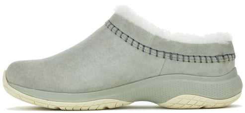 A grey slip-on shoe with white fur lining.