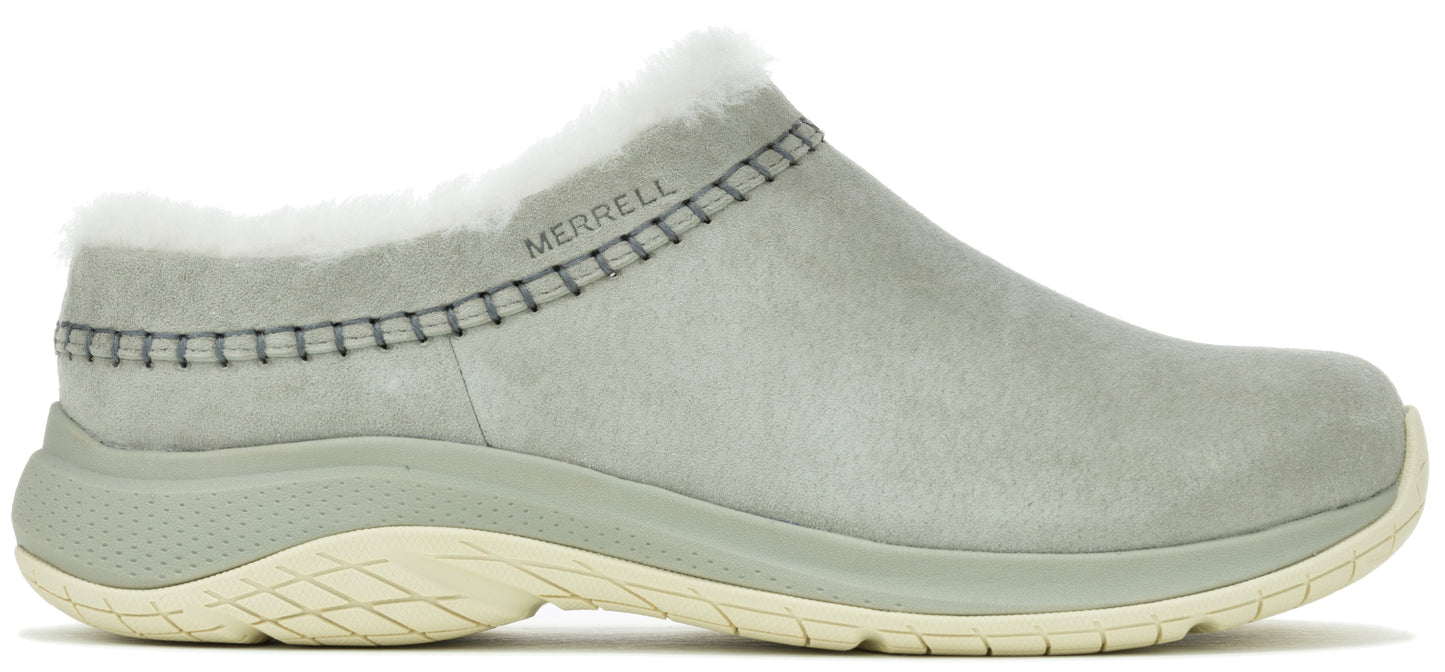 Grey Merrell slip-on shoe with white fur trim.