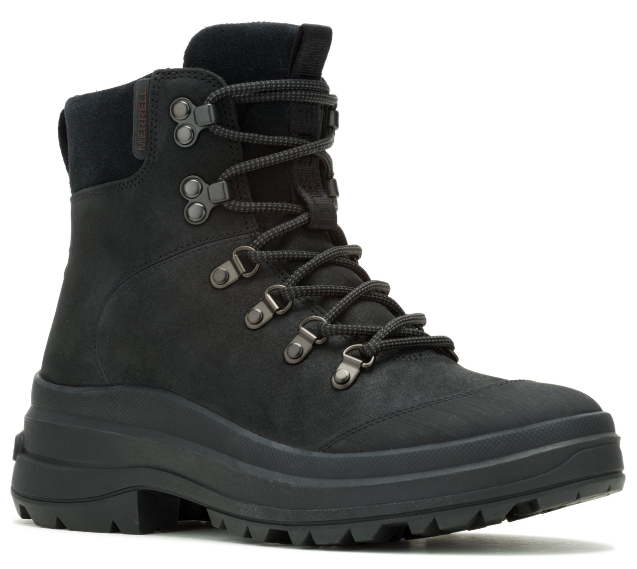 A black, high top boot with black laces.