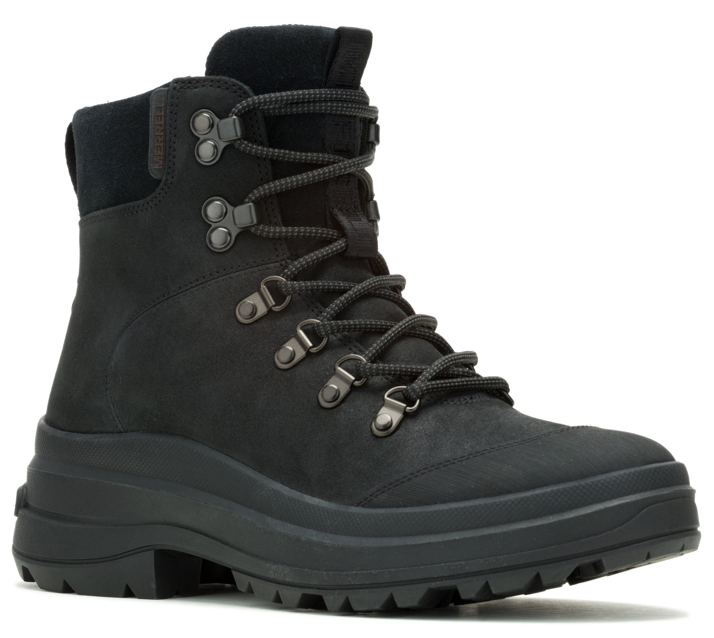 A black, high top boot with black laces.