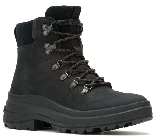 A black, high top boot with black laces.
