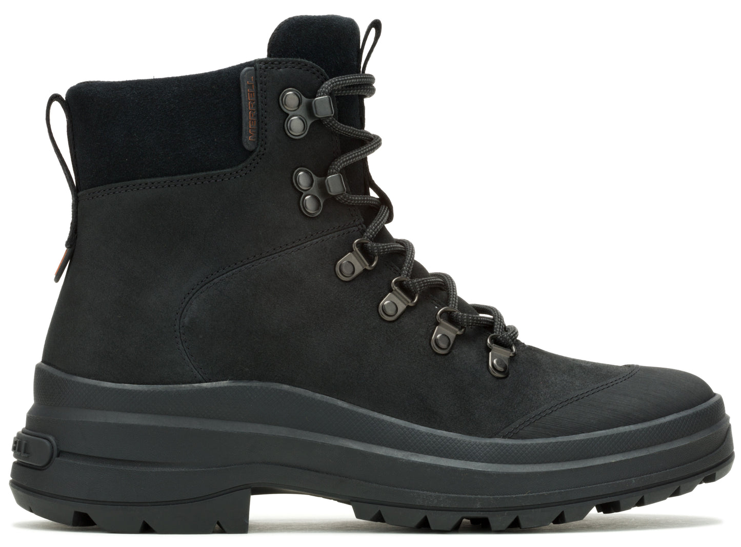 Black high-top lace-up boot with chunky sole, metal eyelets, and pull tab.