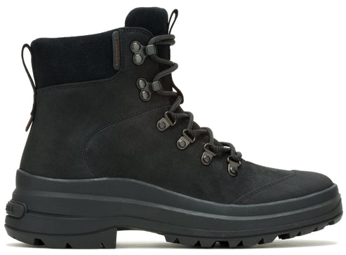 Black high-top lace-up boot with chunky sole, metal eyelets, and pull tab.