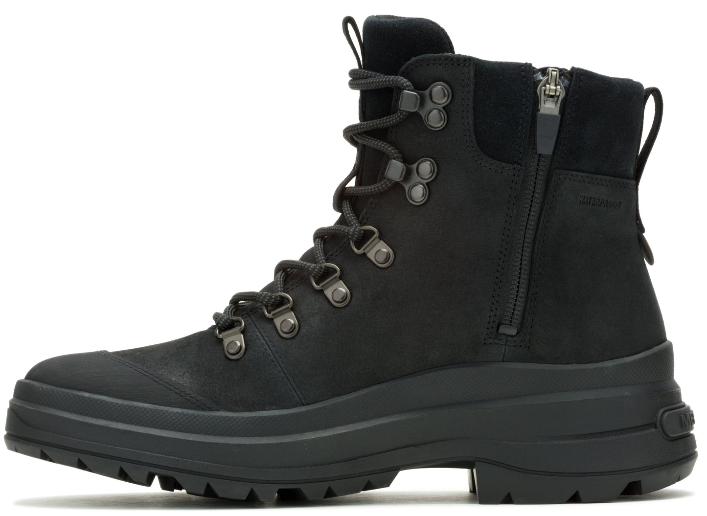 A black, lace-up ankle boot with a side zipper and lug sole.