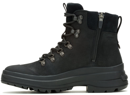 A black, lace-up ankle boot with a side zipper and lug sole.