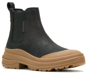 Black ankle boot with brown platform sole.