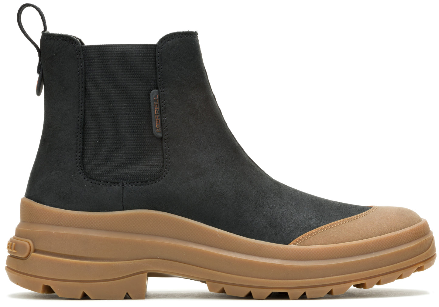 Chelsea style ankle boot in black with a thick tan sole.