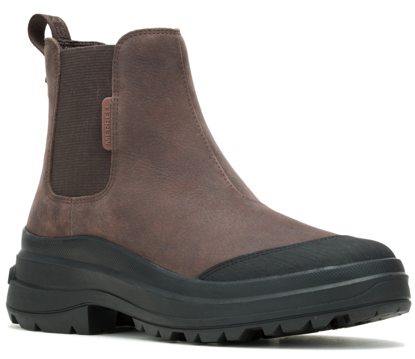 A taupe colored ankle boot with a black rubber toe cap and thick lug sole, and elastic side panels.