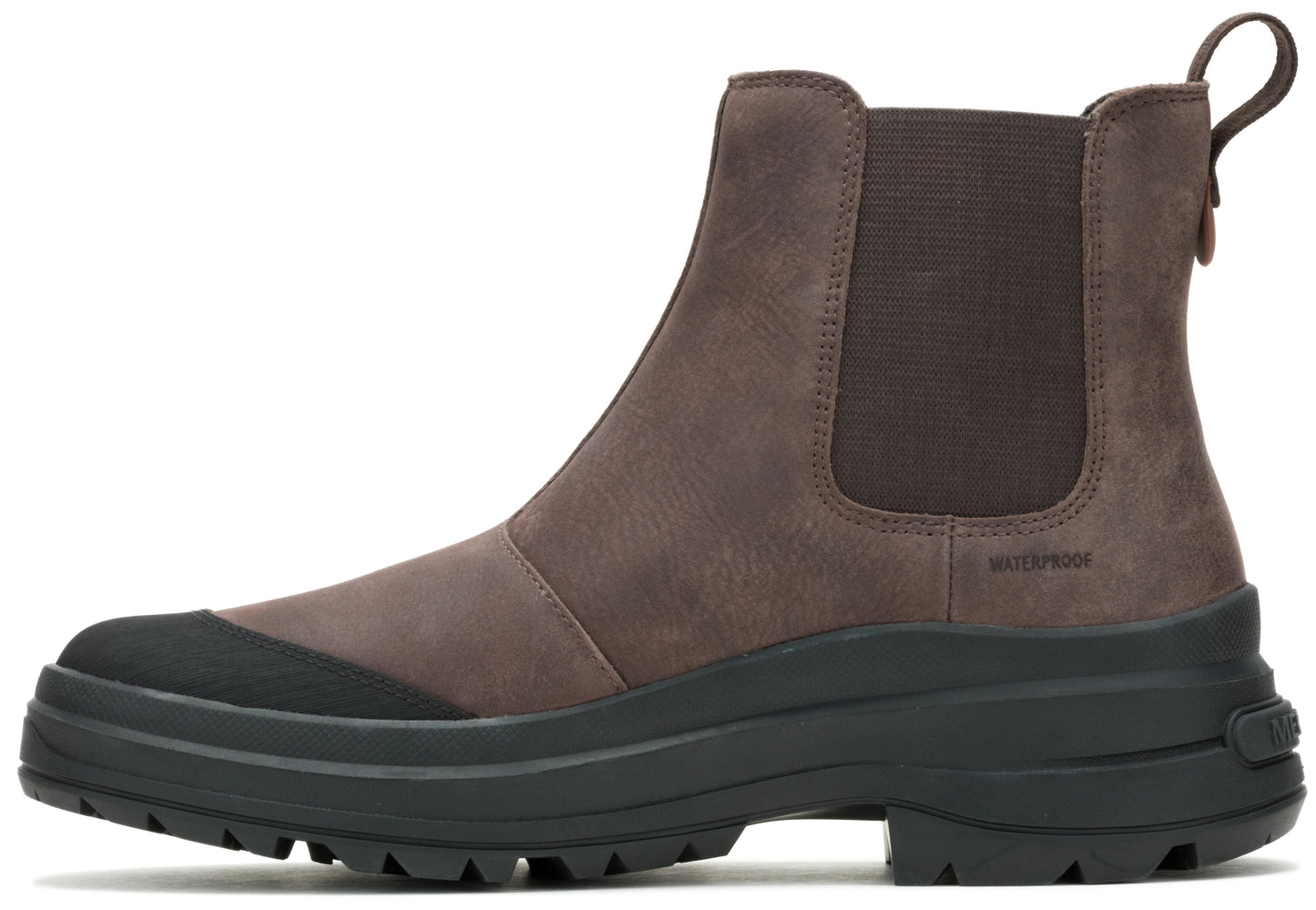 Side-view of a brown waterproof ankle boot with a black lug sole and a pull-tab.