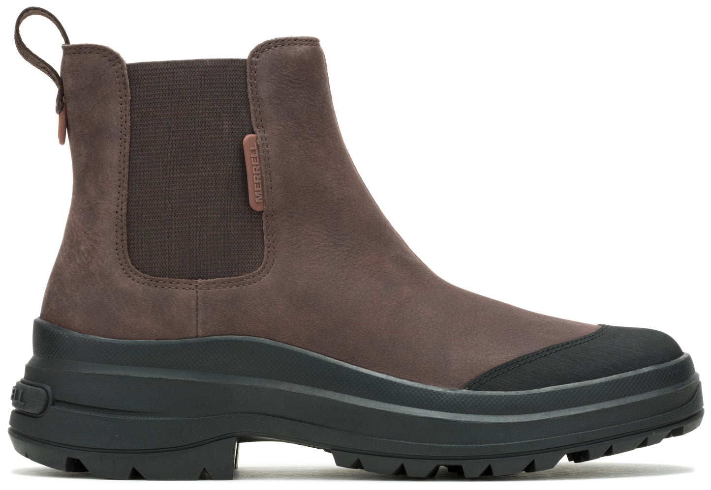 A brown, suede ankle boot with black elastic panels and thick, lugged soles.