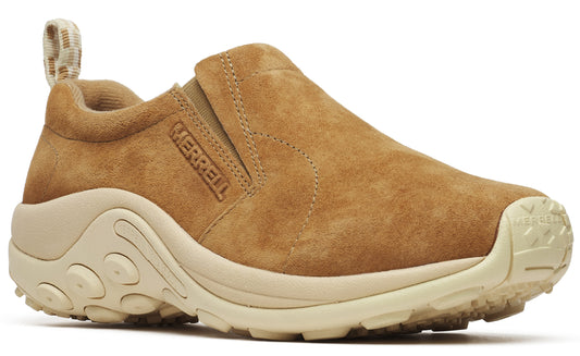 Tan suede slip-on shoe with a thick tan sole.