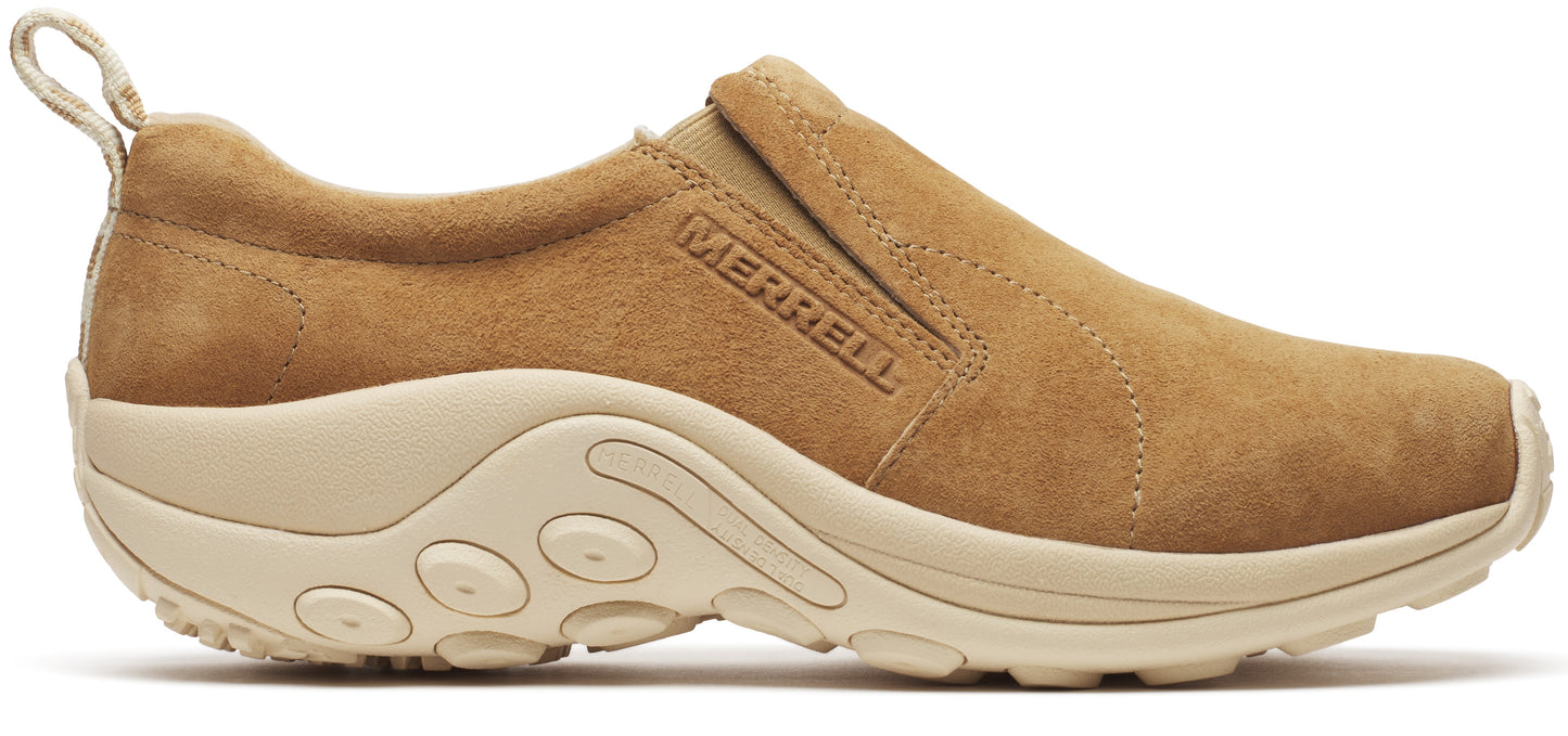 A tan suede slip-on shoe with a thick, light-colored sole and the word MERRELL on the side.