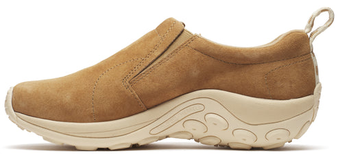 A tan slip-on shoe with a tan sole and a loop at the heel.