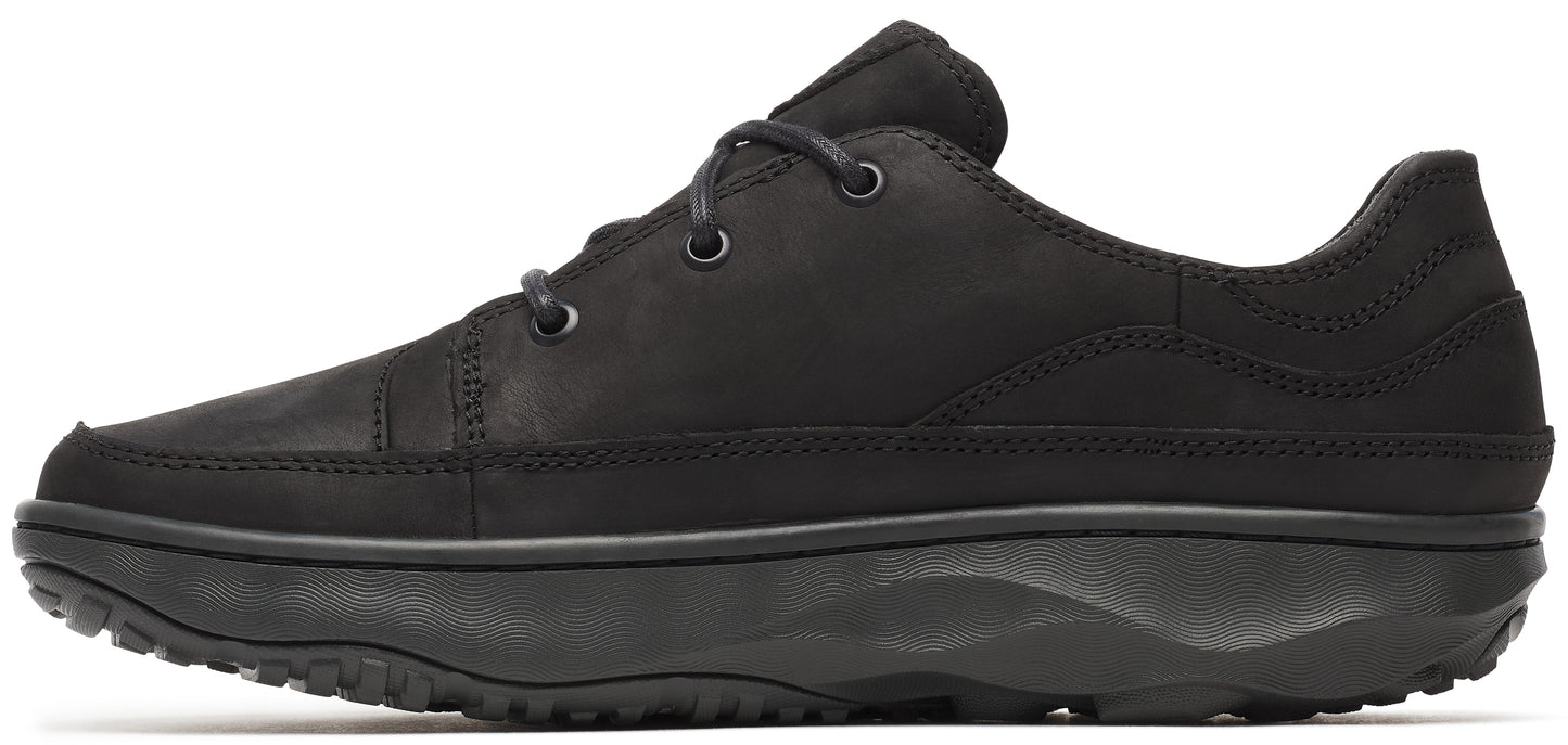 Black lace-up shoe with a thick sole.