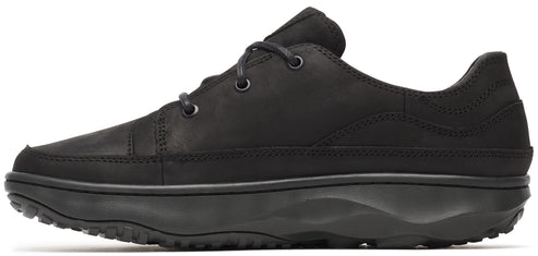 Black lace-up shoe with a thick sole.