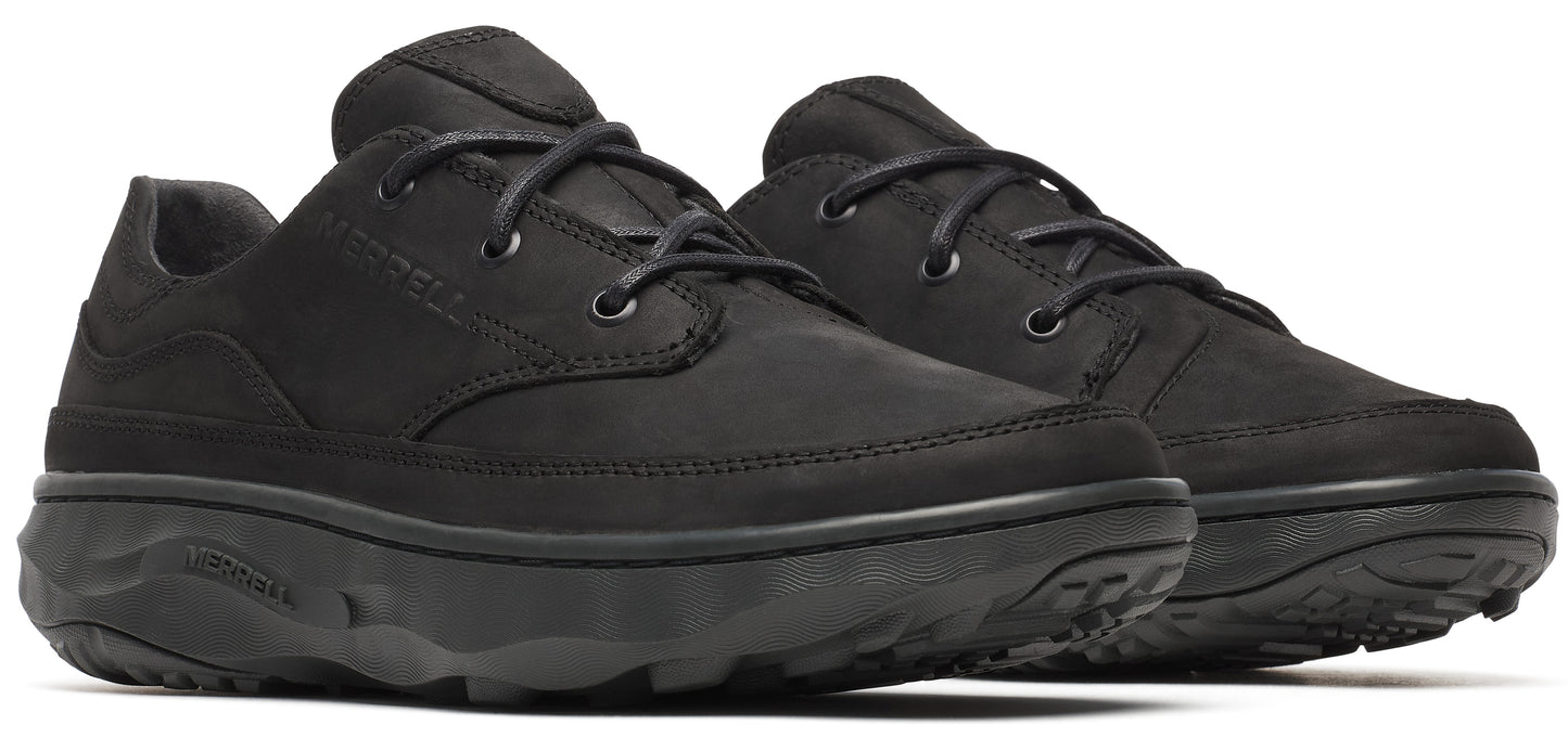 A pair of black casual shoes with black laces and a thick, black sole.