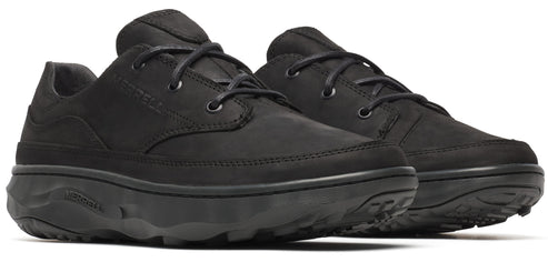 A pair of black casual shoes with black laces and a thick, black sole.