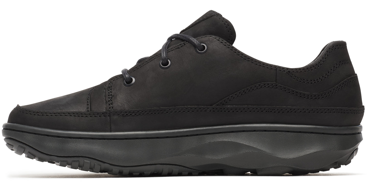 Black leather dress shoe with round toe and lace-up closure.