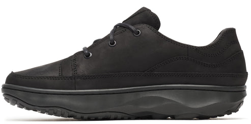 Black leather dress shoe with round toe and lace-up closure.