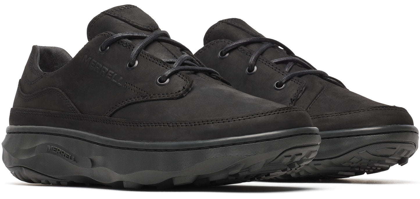 Pair of black leather shoes with black laces and a thick black sole.