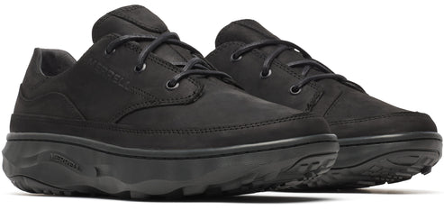 Pair of black leather shoes with black laces and a thick black sole.