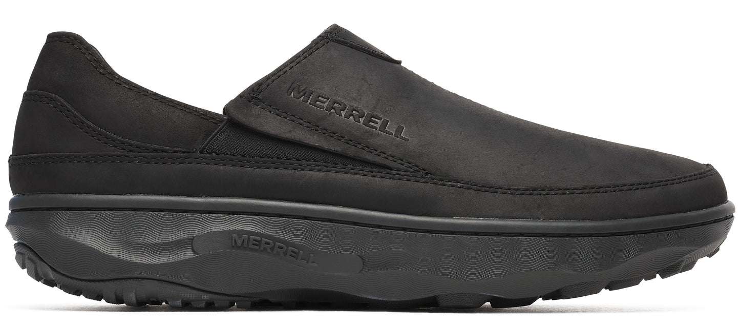 A black, low-profile slip-on shoe with a thick sole.