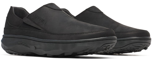 A pair of black slip-on platform shoes.