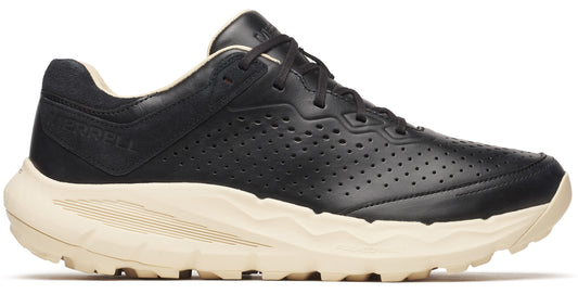 Black athletic shoe with perforated leather upper and off-white textured sole.