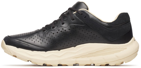 A black leather running shoe with a thick, cream-colored sole.
