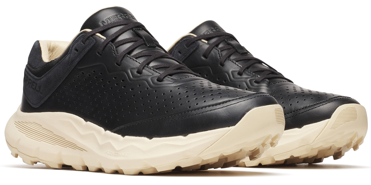 Pair of black leather sneakers with off-white soles and black laces.