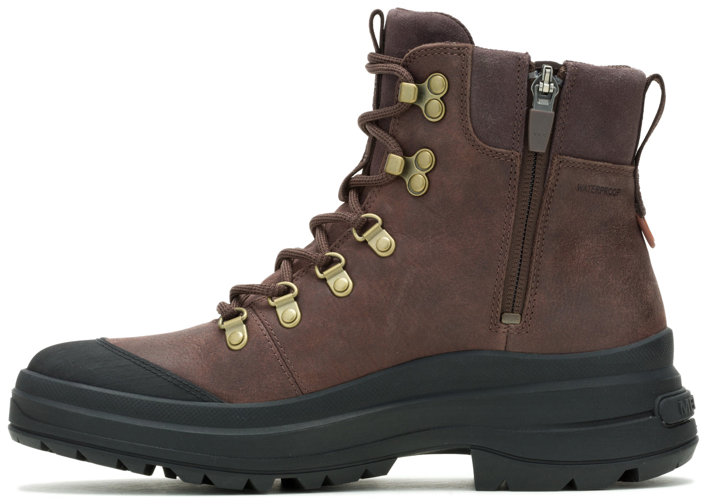 A brown, high top waterproof boot with gold hardware, a side zipper and black sole.