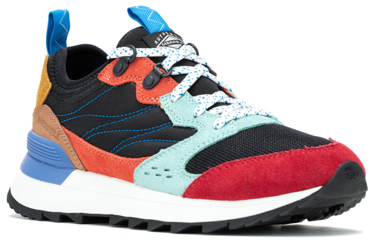 Multi-colored sneaker with a red toe, light blue side, orange trim, white speckled laces, and a black upper.