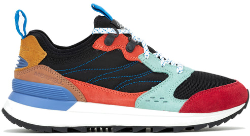 A black sneaker with red, orange, mint, blue, tan, and yellow suede overlays; blue eyelets; white and blue laces; and a white sole with a black tread.