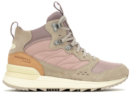 Hiking boot: high-top, neutral colors with suede accents and a thick sole. The words 'MERRELL Waterproof' are visible on the side.