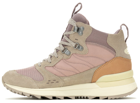 High-top hiking shoe with beige suede overlays and a light purple mesh and canvas upper with tan heel detail and a white lug sole.