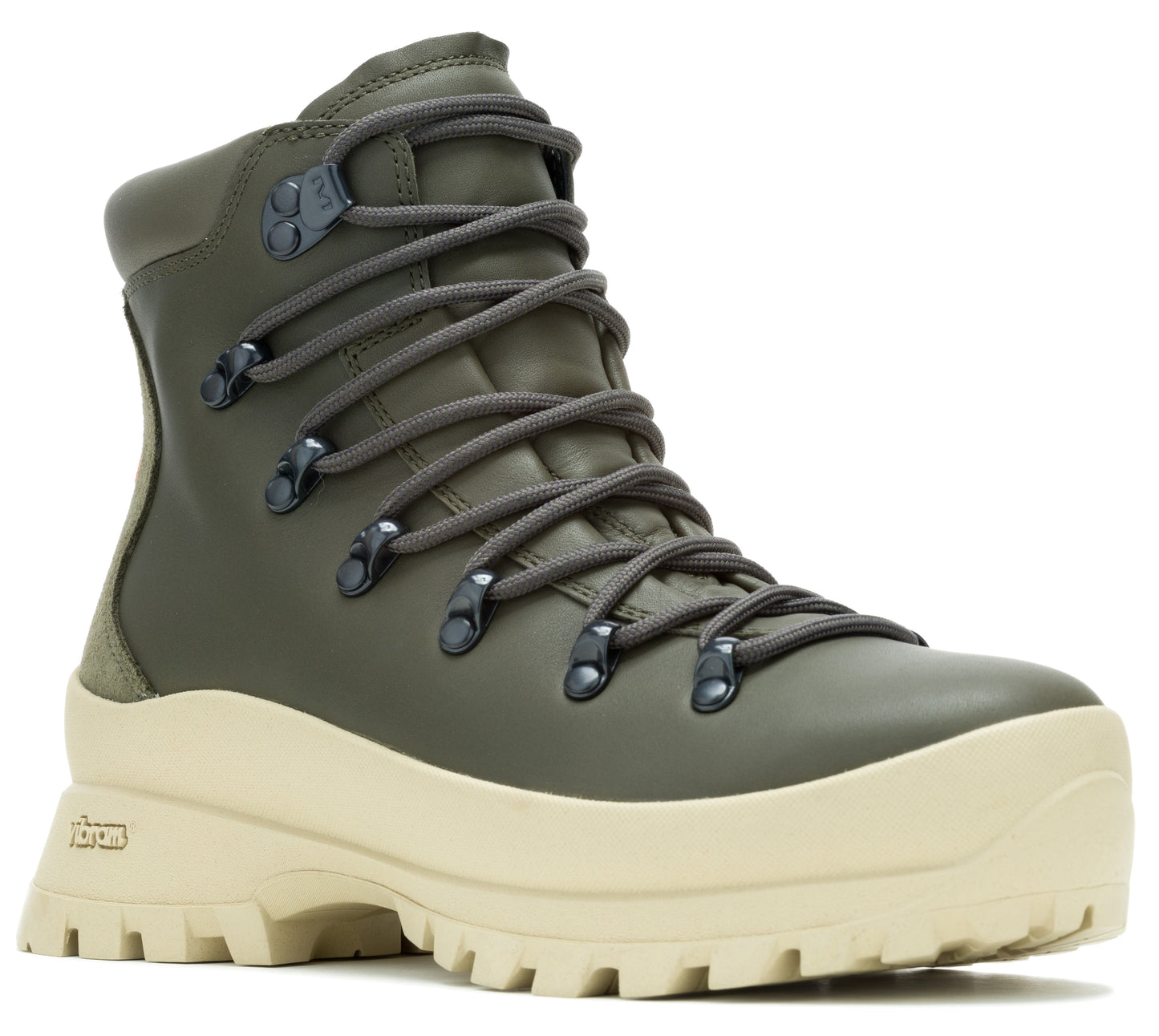 Olive-green ankle-high boot with dark-gray laces and a thick, beige lug sole.