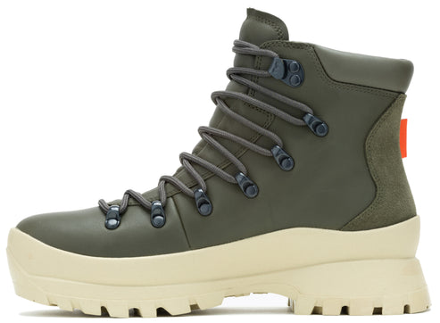 Olive green hiking boot with a thick, beige lug sole and orange pull tab.