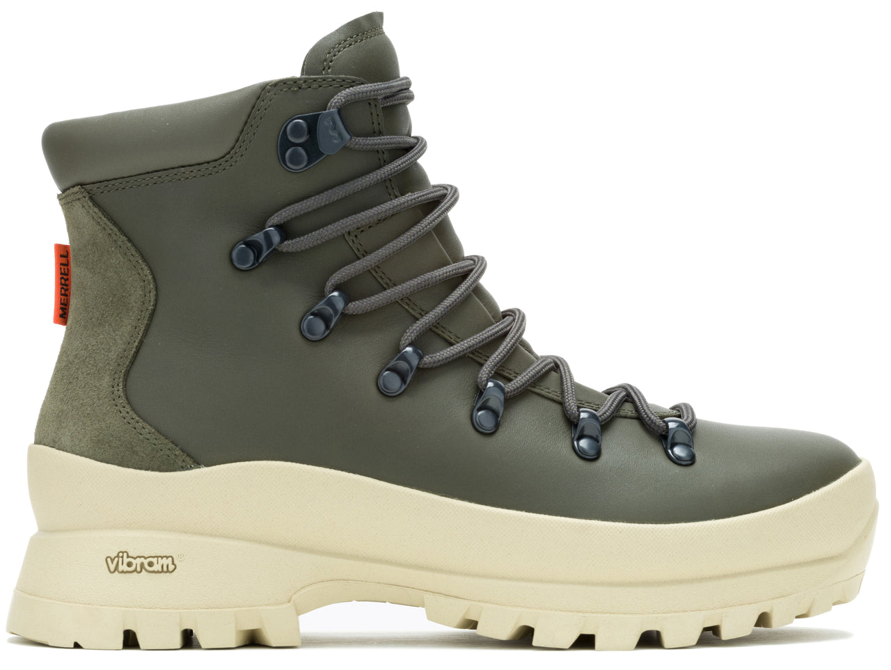Olive green leather hiking boot with thick tan sole and laces.